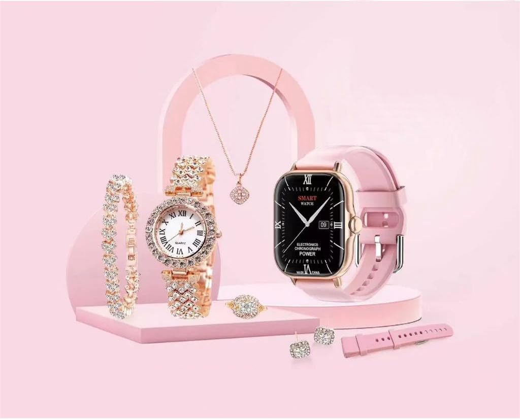 Adorable Smartwatch and Jewelry Set, Watch, Necklace, Ring, Earrings, Bracelet, Charging Cable Included (Pink)