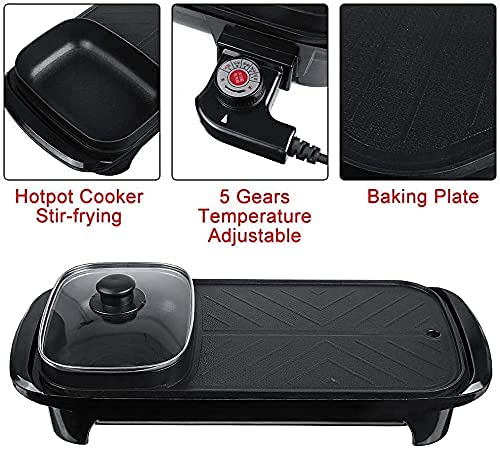 Multi-functional 2 in 1 Electric Baking pan Barbecue Grill With Hot pot, Stir-fry Roast Stove Non-stick Large Capacity Separate Temperature For Portable Household kitchen Tools Smokeless Indoor