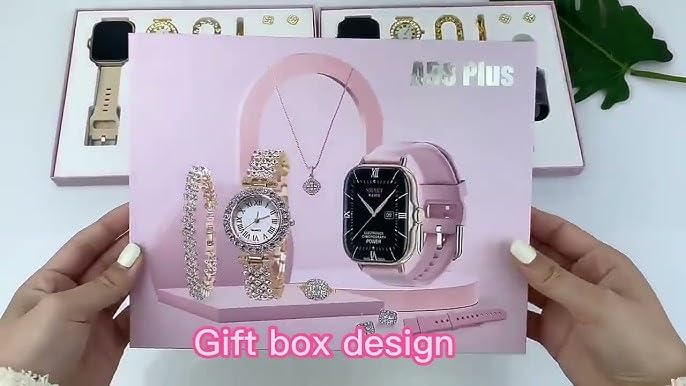 Adorable Smartwatch and Jewelry Set, Watch, Necklace, Ring, Earrings, Bracelet, Charging Cable Included (Pink)