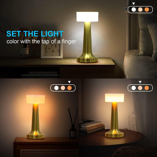 Gold Cordless Table Lamp with Touch Control,2800mAH Rechargeable Battery Operated Desk Lamp,3 Color Dimmable Small Portable Bedside Lamps for Bedroom Dining Room Patio Restaurant Bar Hotel