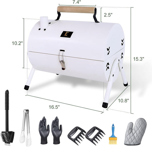 Portable Charcoal Grill Barbecue Grill Folding Set Double Sided +Barbecue Pan Net+6PCS Tools for Outdoor Camping BBQ Grilling Backyard Party Cooking Chimney Tabletop Grill & Grilling White