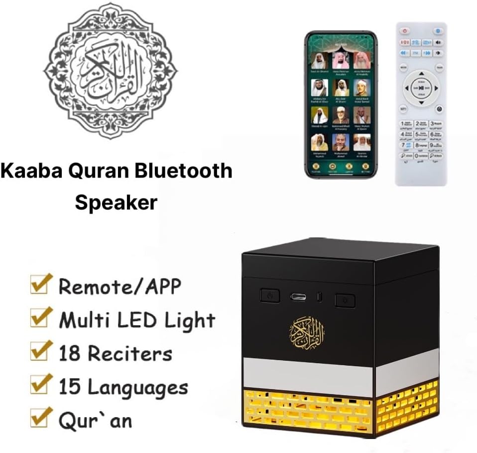 Telawah Kaaba Quran Speaker with Remote Control for 114 Quran Surahs, Night Light MP3 Music Player with 18 Reciters and 16 Translations