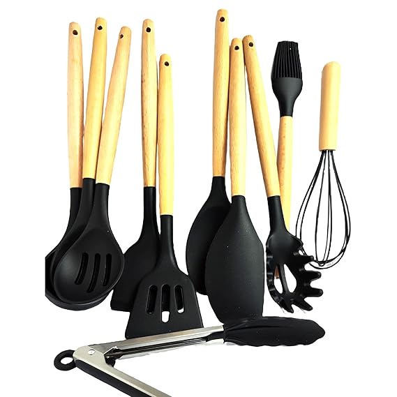 12PCS Silicone Kitchen Utensils Set, Heat Resistant Cooking Utensils Set Spatula Set Nonstick Cookware (Black)