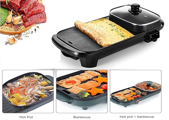 Multi-functional 2 in 1 Electric Baking pan Barbecue Grill With Hot pot, Stir-fry Roast Stove Non-stick Large Capacity Separate Temperature For Portable Household kitchen Tools Smokeless Indoor