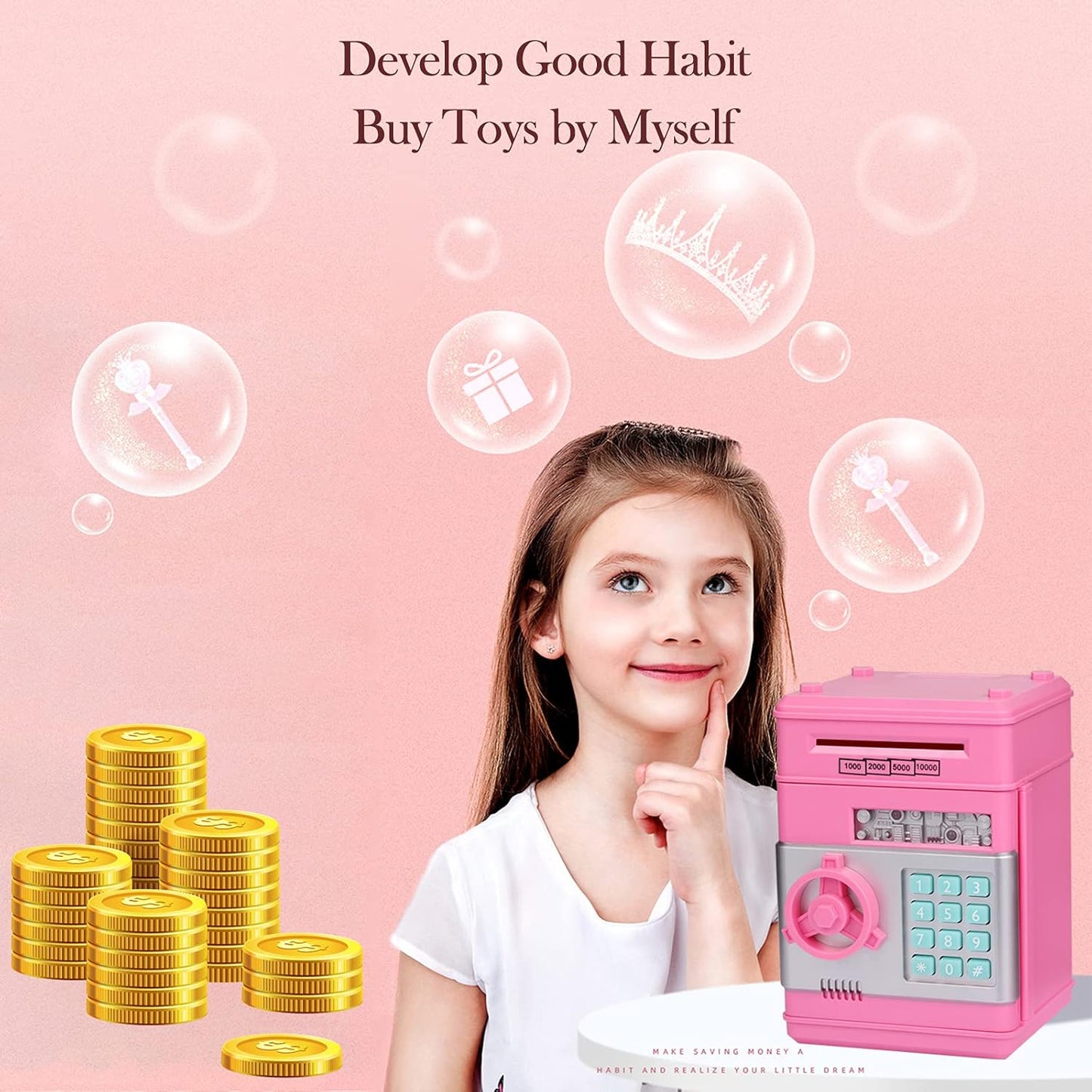 Kid Piggy Bank, Electronic Kids' Money Bank with Password Code Lock, Auto Scroll Paper, Coin Bank for Kids for Real Money, Gifts Toys for 3-12 Years Old Girls, Pink