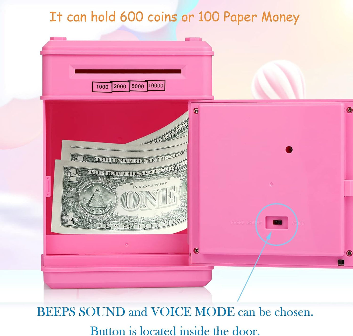 Kid Piggy Bank, Electronic Kids' Money Bank with Password Code Lock, Auto Scroll Paper, Coin Bank for Kids for Real Money, Gifts Toys for 3-12 Years Old Girls, Pink