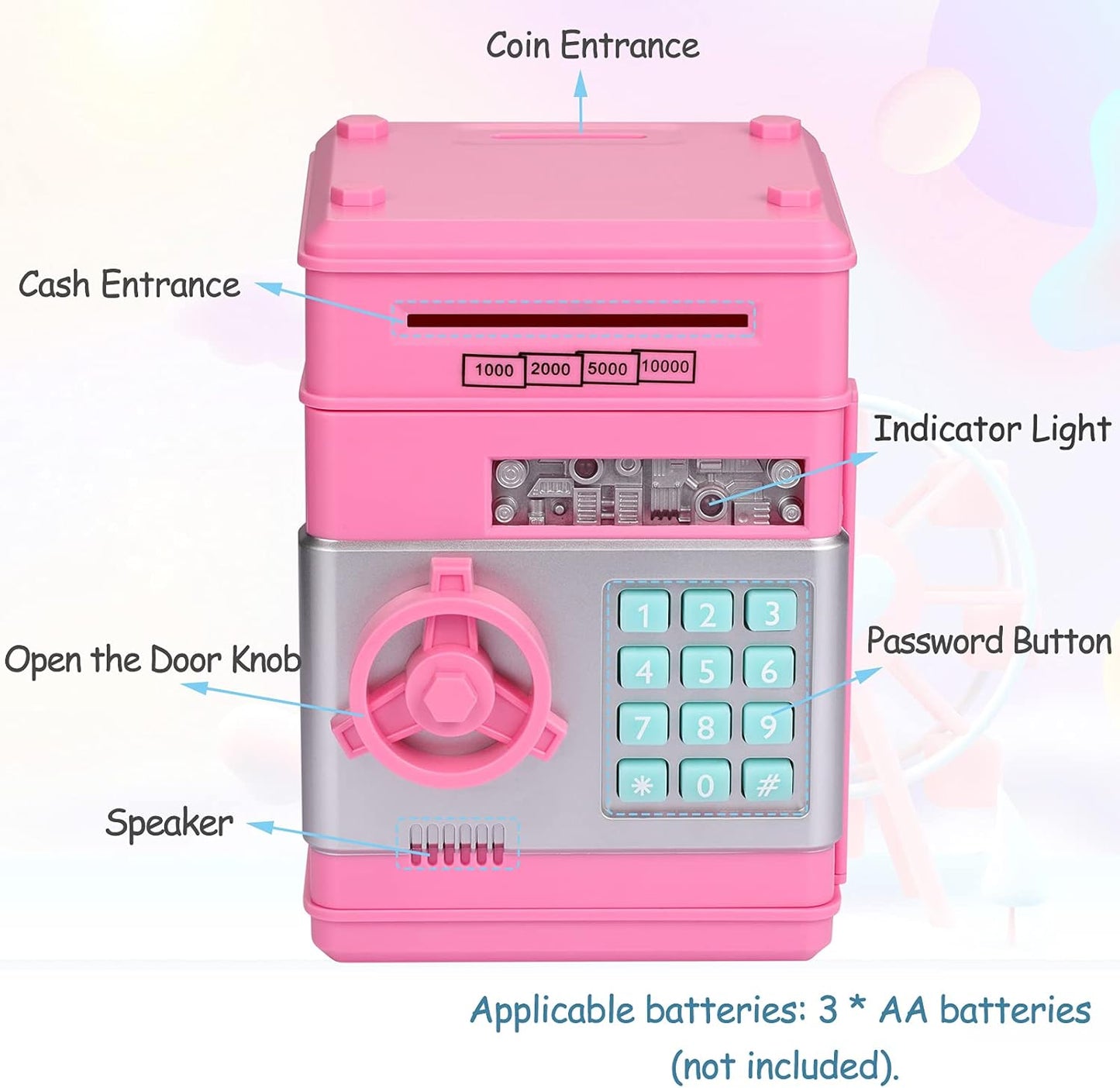 Kid Piggy Bank, Electronic Kids' Money Bank with Password Code Lock, Auto Scroll Paper, Coin Bank for Kids for Real Money, Gifts Toys for 3-12 Years Old Girls, Pink