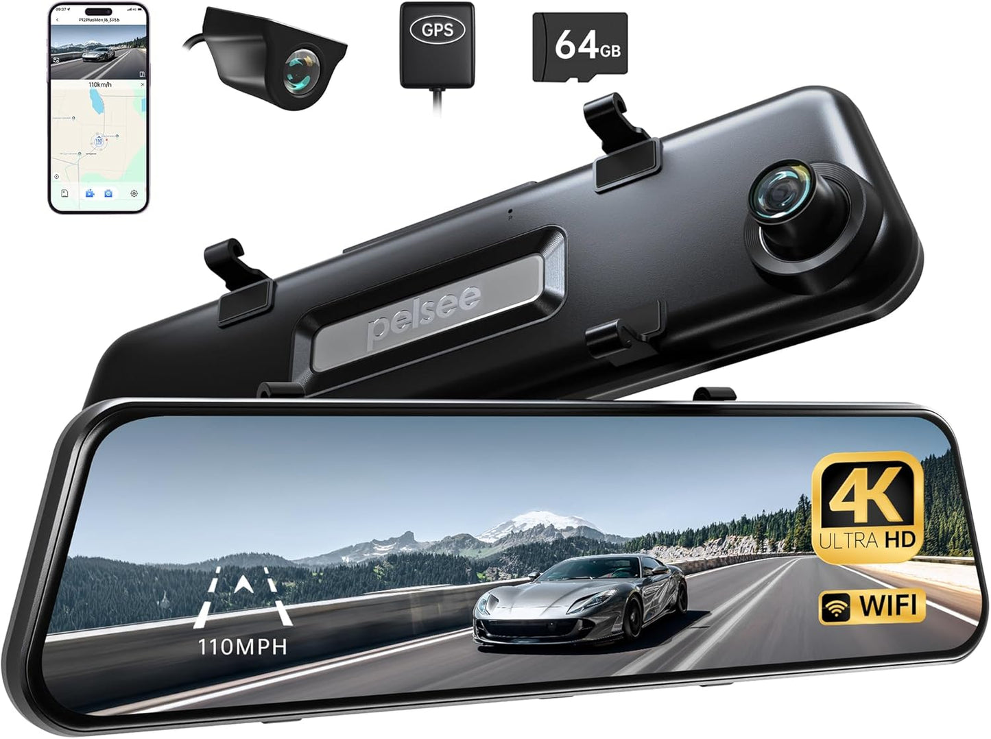 P12 Pro Max 4K+2.5K Rear View Mirror Camera, 12" Mirror Dash Cam with 5G WiFi, Dash Cam Front and Rear with Starvis Night Vision, Smart Driving System ADAS, Included 64GB Card, Voice Control