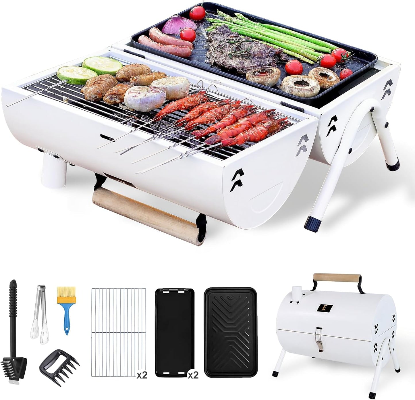 Portable Charcoal Grill Barbecue Grill Folding Set Double Sided +Barbecue Pan Net+6PCS Tools for Outdoor Camping BBQ Grilling Backyard Party Cooking Chimney Tabletop Grill & Grilling White