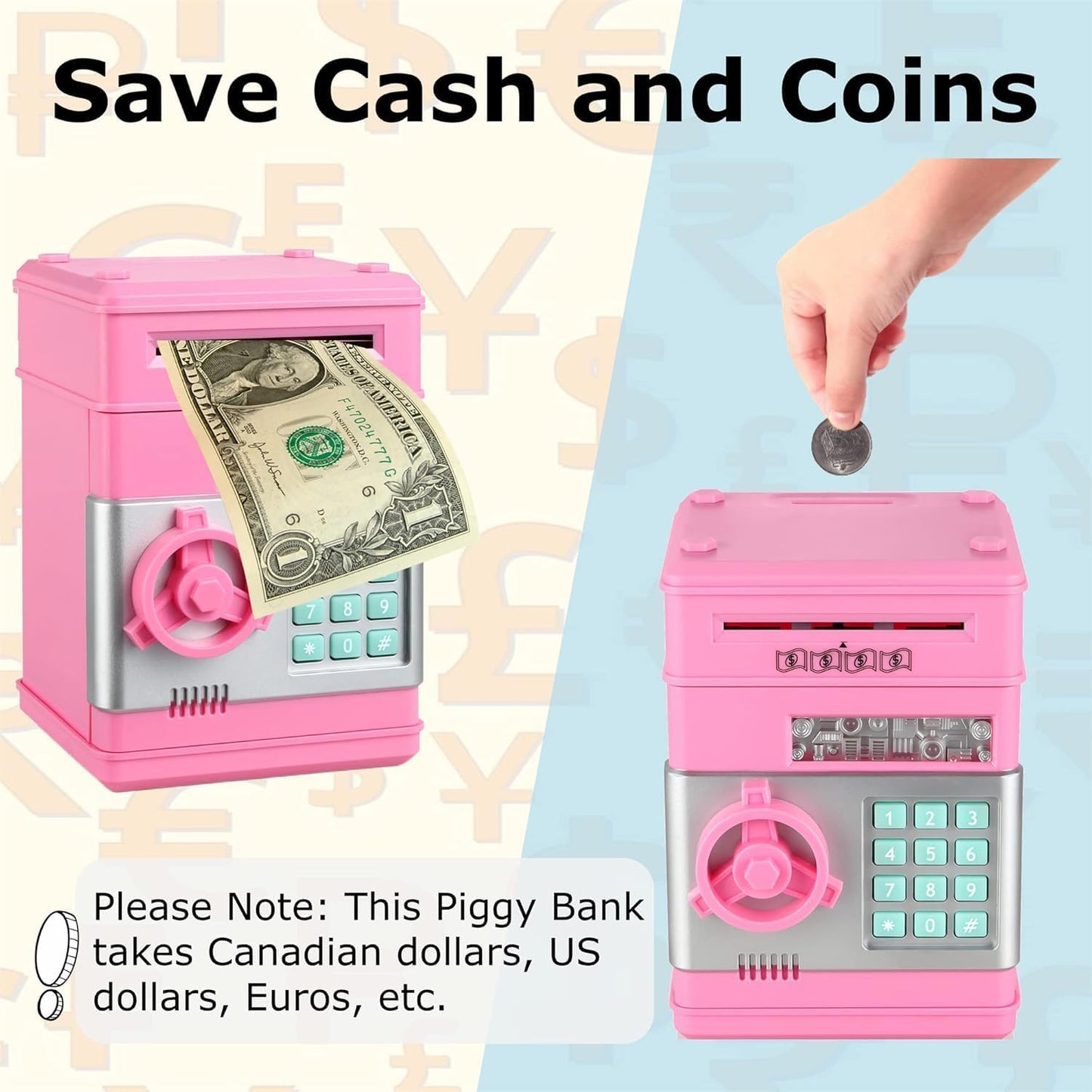 Kid Piggy Bank, Electronic Kids' Money Bank with Password Code Lock, Auto Scroll Paper, Coin Bank for Kids for Real Money, Gifts Toys for 3-12 Years Old Girls, Pink