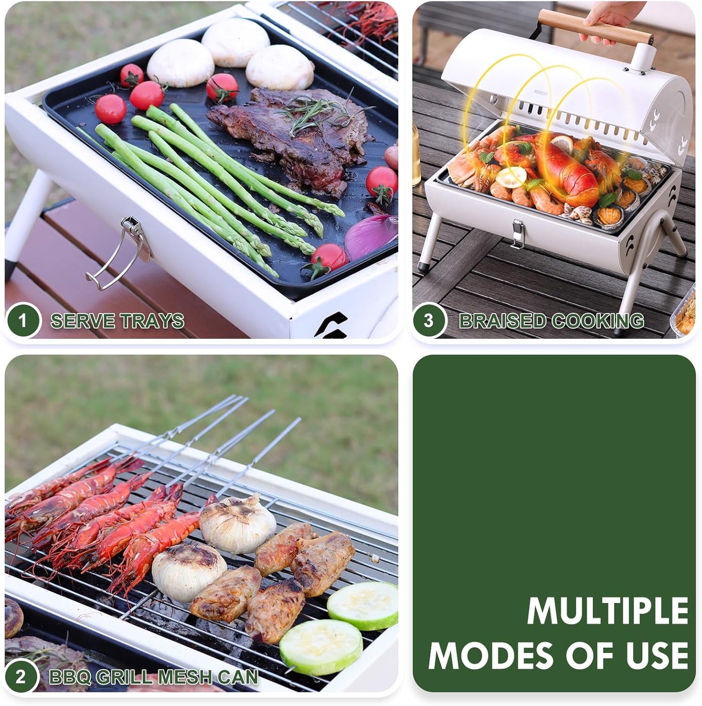 Portable Charcoal Grill Barbecue Grill Folding Set Double Sided +Barbecue Pan Net+6PCS Tools for Outdoor Camping BBQ Grilling Backyard Party Cooking Chimney Tabletop Grill & Grilling White